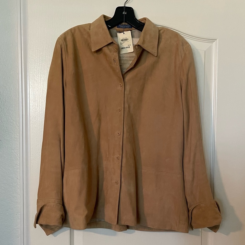 NWT Faconnable Suede Leather, Long Sleeve, Camel Button Down, Size: L